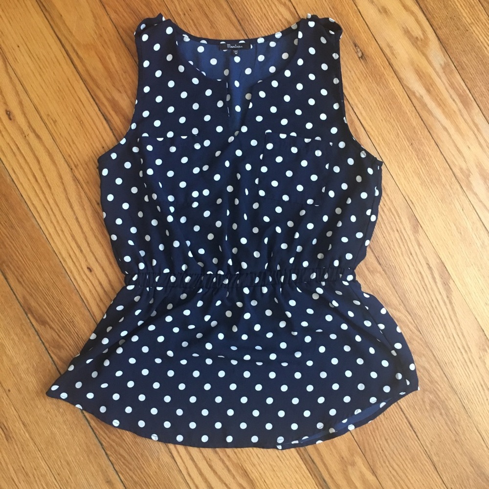 Navy & white polka dot sleeveless blouse